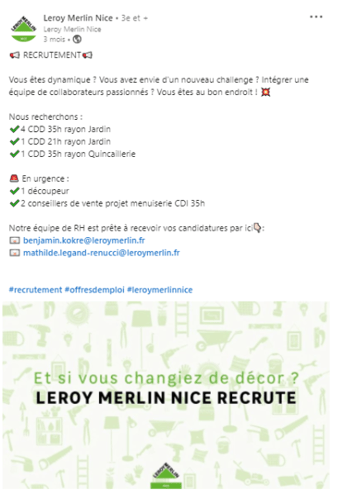Exemple de post LinkedIn de Leroy Merlin 