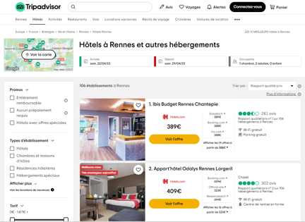 résultat d’une recherche TripAdvisor “hôtel à Rennes”