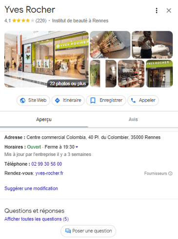 Fiche Google Business Profile en local de Yves Rochers à Rennes