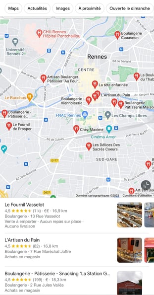 Résultat du Google local pack suite à la recherche "boulangerie Rennes"