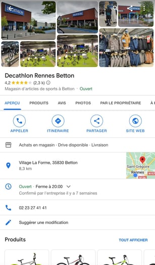 Exemple d'une fiche Google Business Profile de Decathlon à Rennes