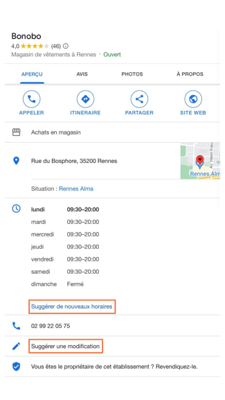 Fiche Google Business Profile de Bonobo à Rennes pour suggérer de nouveaux horaires ou des modifications