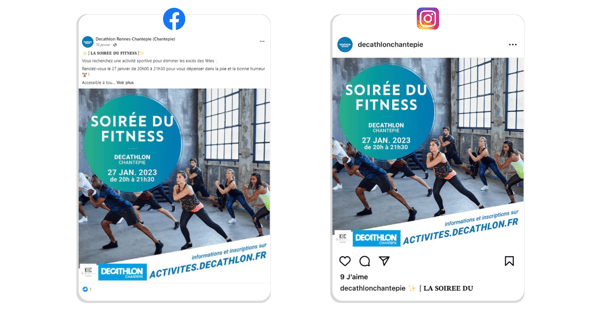 Exemple de cross-posting sur Facebook et Instagram pour une soirée fitness en magasin (Décathlon Chantepie)
