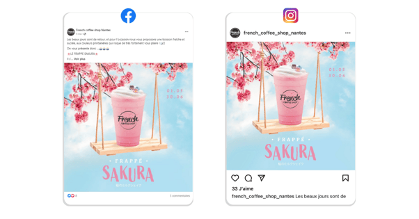 Exemple de cross-posting sur Facebook et Instagram pour mettre en avant une boisson (French Coffee Shop Nantes)