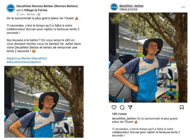 Exemple de communication multicanale sur Instagram et Facebook pour Decathlon Betton adaptée au contexte local