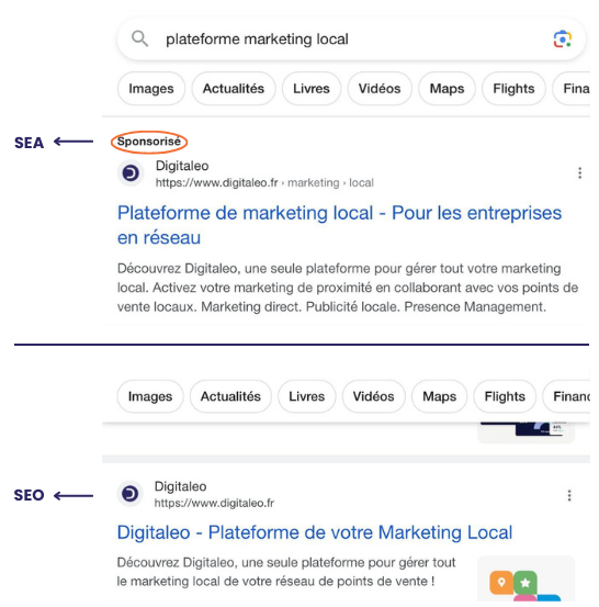 Résultat de recherche pour le mot-clé "Plateforme marketing local", Digitaleo est référencé en SEA et en SEO