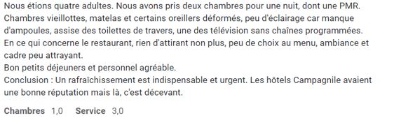 Avis d'un client insatisfait dans le secteur de l'hôtellerie