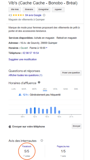 Fiche Google Business Profile de Vib's à Quimper avec synchronisation des avis Facebook