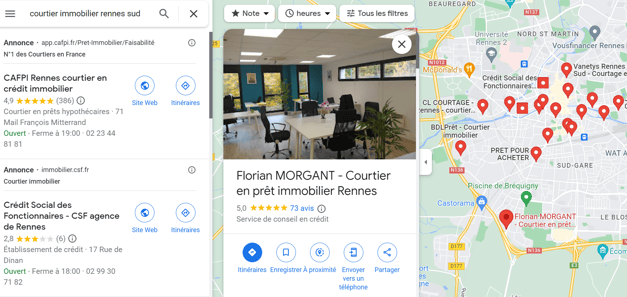 exemple résultats de recherche Google maps - courtier immobilier