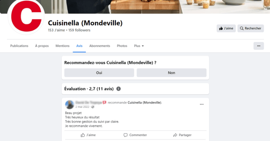 Page avis clients Facebook du Cuisinella de Mondeville
