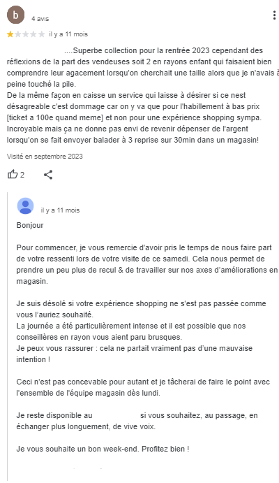 exemple reponse avis clients negatif commerçants