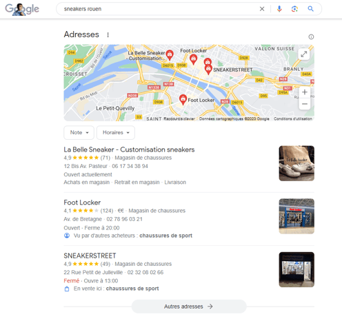 "Google Local Pack" avec 3 fiches Google My Business