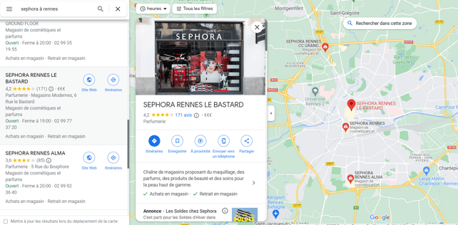 résultats recherche locale Séphora Rennes