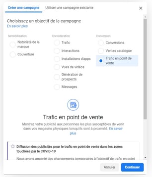 option trafic point de vente – interface Facebook Ads